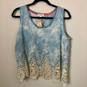 NWOT Taylor & Sage Acid Wash Lace Boho Tank Top LG